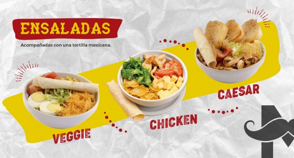 Ensaladas Mariachi: veggie con huevo y queso, chicken con pollo y queso, Caesar con pollo y pan. Servidas con tortilla mexicana.