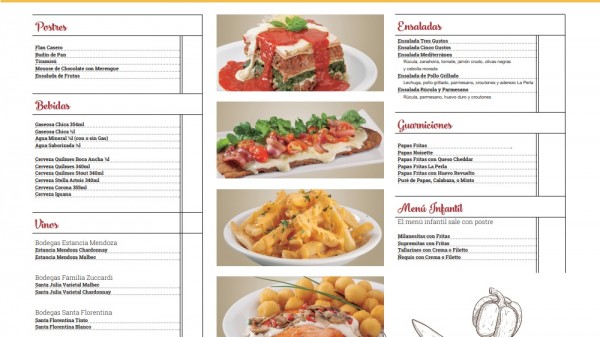 Menú de La Perla: platos de comida con ensaladas, postres y bebidas variadas. Carta elegante y detallada.