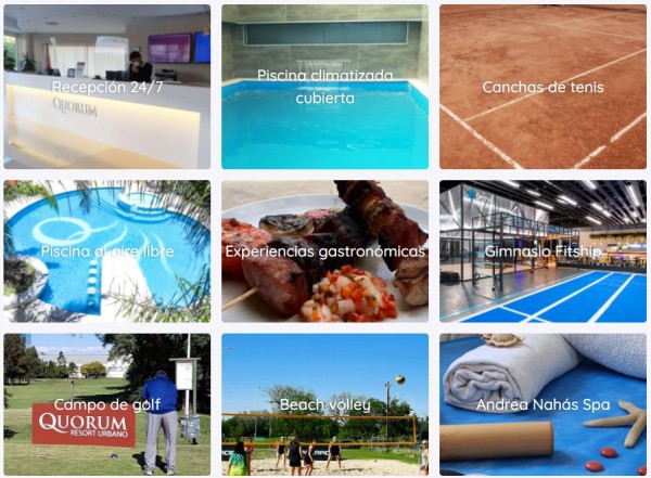 Recepción, piscina climatizada y al aire libre, canchas de tenis, experiencias gastronómicas, gimnasio, campo de golf, beach volley, spa.