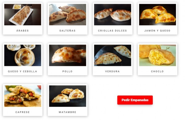 Galería de empanadas variadas: árabes, salteñas, criollas dulces, jamón y queso, queso y cebolla, pollo, verdura, choclo, caprese, matambre.