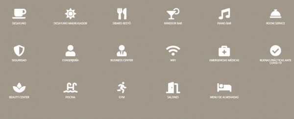 Iconos de servicios del Windsor Hotel & Tower: desayuno, bar, spa, gimnasio, salones, Wi-Fi y más comodidades.