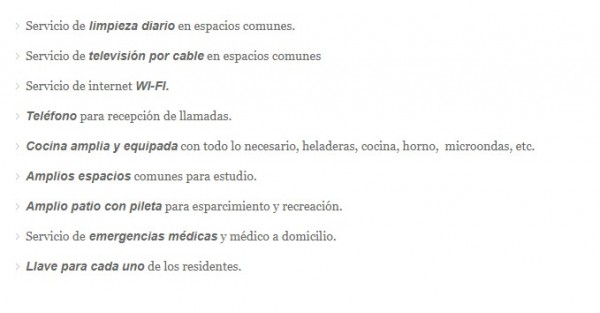 Lista de servicios y comodidades ofrecidos por RUNC Residencia Universitaria: limpieza, TV, Wi-Fi, cocina equipada, patio con pileta.