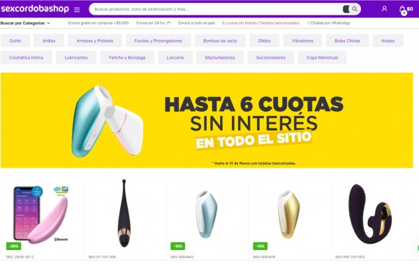 Tienda Sex Córdoba Shop con productos eróticos y banner promocional de hasta 6 cuotas sin interés.