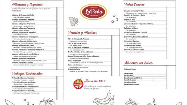 Menú de La Perla: variedad de milanesas, supremas, pescados y mariscos, pastas caseras y aderezos por salazón. Diseño elegante con ilustraciones.