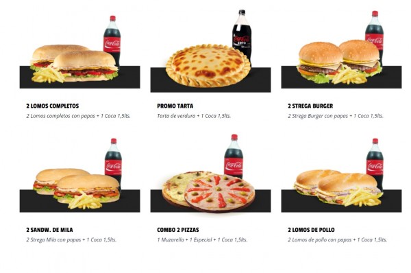 Menú de Strega: hamburguesas, pizzas y combos con Coca-Cola. Variedad de opciones culinarias.