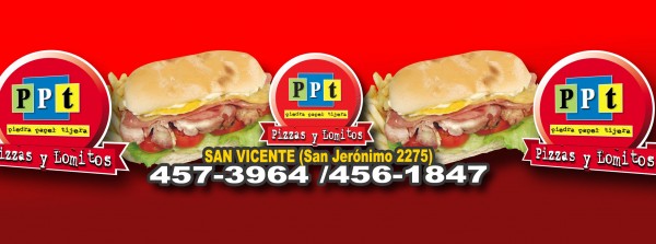 PPT - Piedra, Papel o Tijera: pizzas y lomitos apetitosos sobre fondo rojo con logos y texto publicitario.
