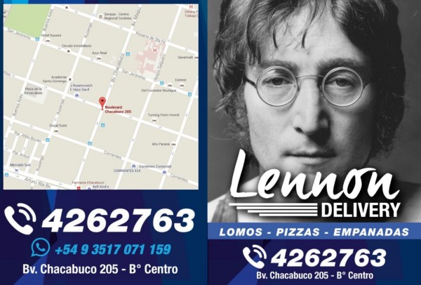 Mapa y foto de Lennon Delivery en Bv. Chacabuco 205, ofreciendo lomos, pizzas y empanadas. Contacto: 4262763.