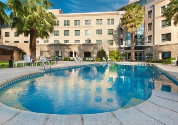 Hotel Holiday Inn Córdoba: piscina azul con sillas blancas y palmeras verdes alrededor. Edificio moderno de fondo.