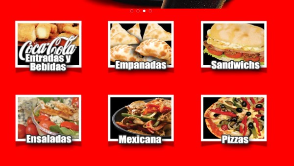 Menú rojo con fotos de Coca-Cola, empanadas, sandwiches, ensaladas, comida mexicana y pizzas. 