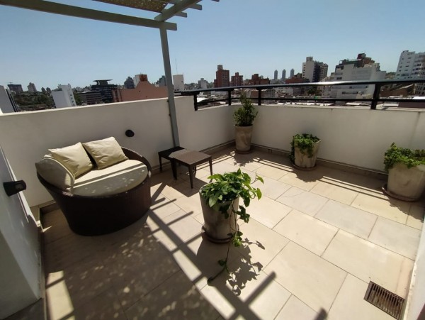 Terraza de Zoom Apartments con sofá circular, mesa, plantas y vista panorámica de la ciudad.