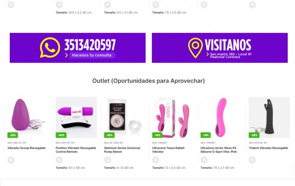 Tienda Sex Córdoba Shop: vibradores y productos eróticos en exhibición con precios y descuentos visibles.